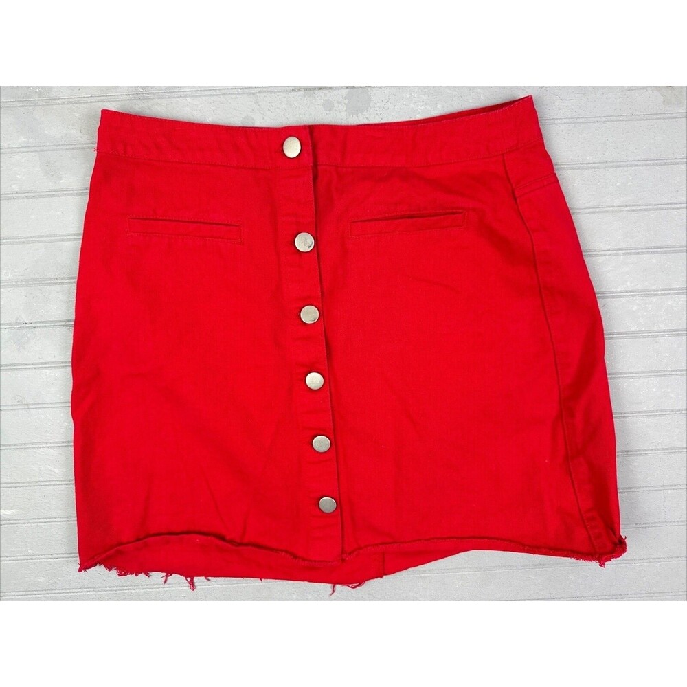 Charlotte Russe Size M Womens Denim Jean Skirt Red Raw Hem Button Front Stretch